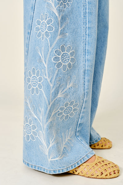 Side Embroidered Wide Denim Pants