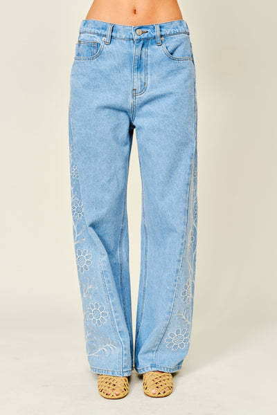 Side Embroidered Wide Denim Pants