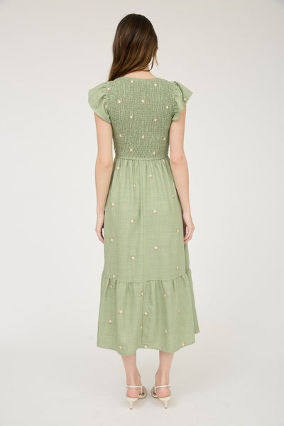 Embroidered Flower Smocked Ruffle Midi Dress - Lulu Bella Boutique