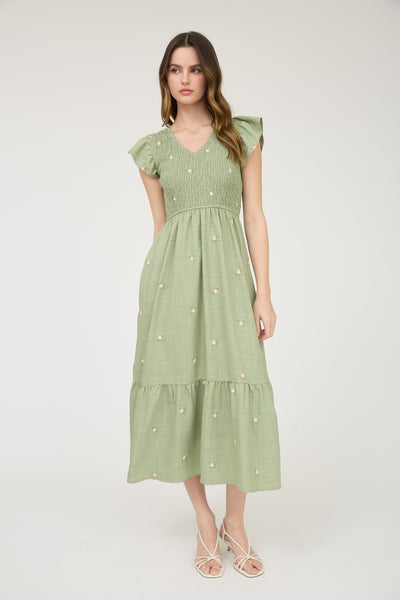 Embroidered Flower Smocked Ruffle Midi Dress - Lulu Bella Boutique