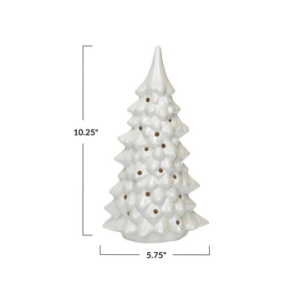 Stoneware LED Tree w/ Cut-Outs, Iridescent Finish, Cream Color