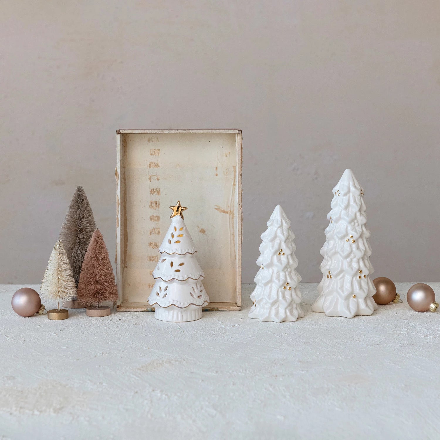 Stoneware Christmas Trees & 1 Stoneware LED Christmas Tree, Set of 3