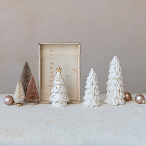 Stoneware Christmas Trees & 1 Stoneware LED Christmas Tree, Set of 3