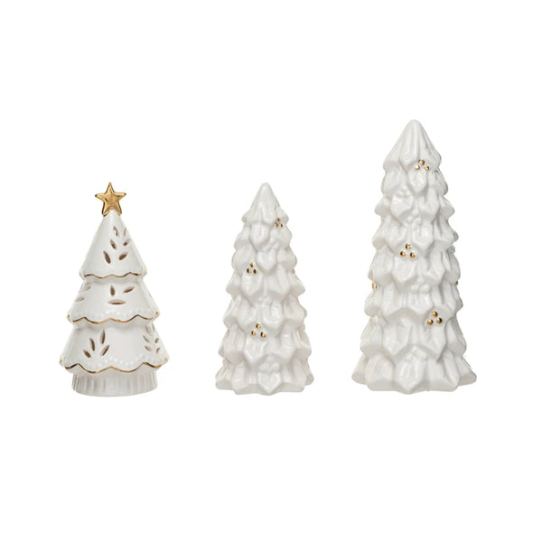 Stoneware Christmas Trees & 1 Stoneware LED Christmas Tree, Set of 3