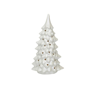 Stoneware LED Tree w/ Cut-Outs, Iridescent Finish, Cream Color