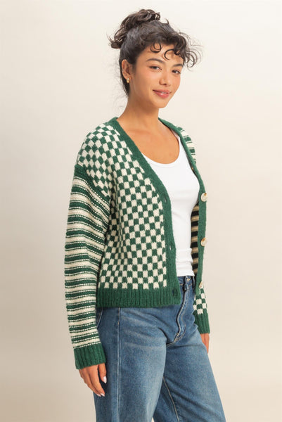 Checker And Stripe Contrast Knit Cardigan Sweater