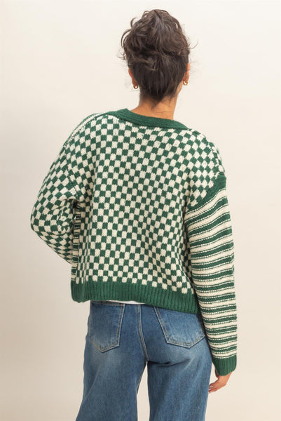 Checker And Stripe Contrast Knit Cardigan Sweater