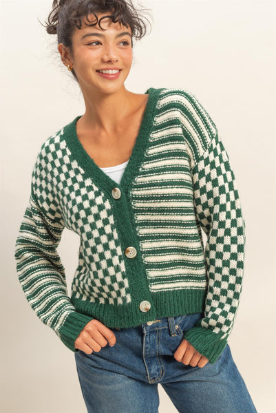 Checker And Stripe Contrast Knit Cardigan Sweater