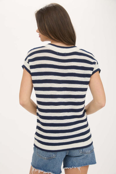Stripe V-Neck Crochet Knit Short Sleeve Sweater - Lulu Bella Boutique