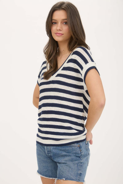 Stripe V-Neck Crochet Knit Short Sleeve Sweater - Lulu Bella Boutique