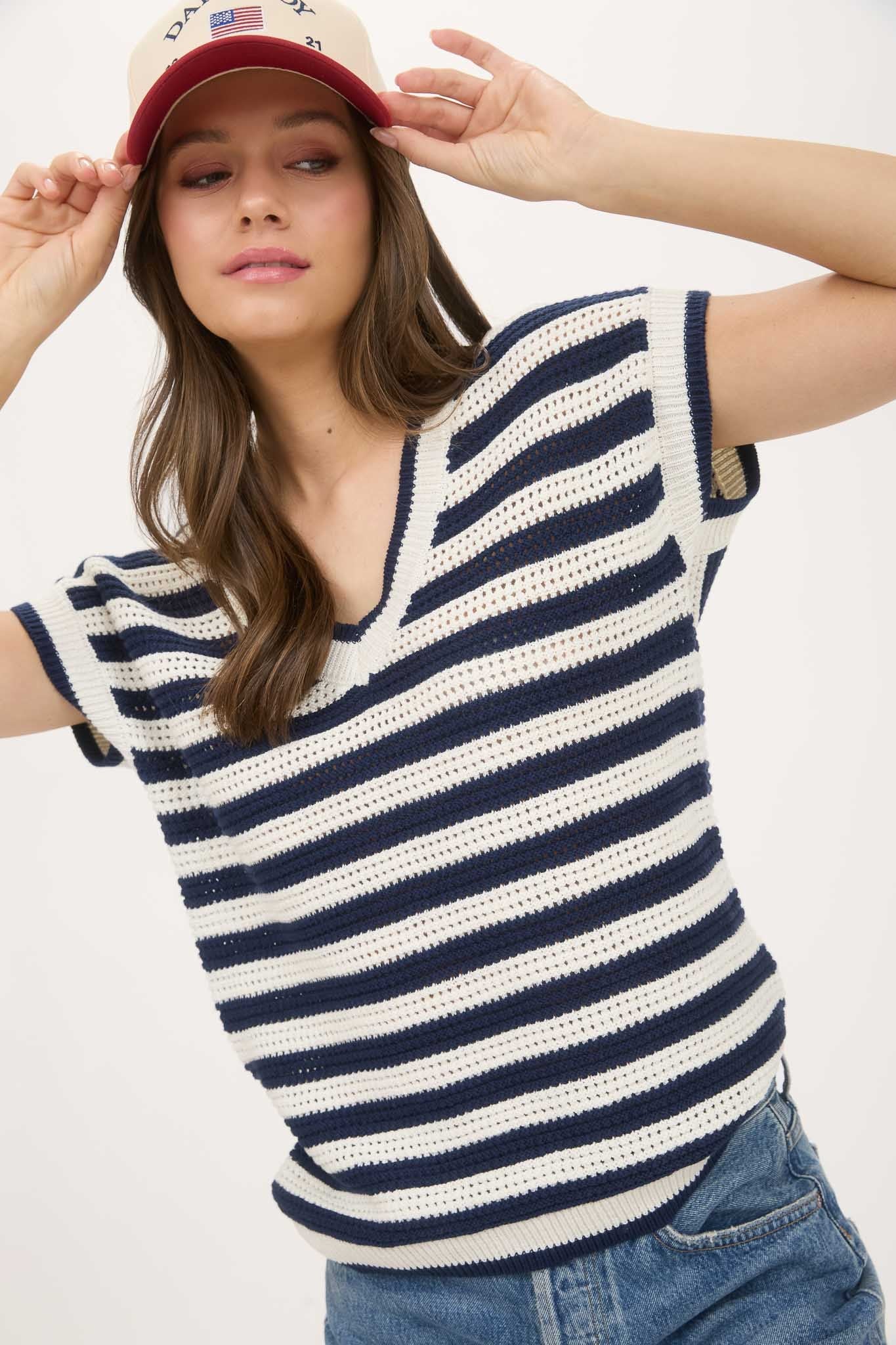 Stripe V-Neck Crochet Knit Short Sleeve Sweater - Lulu Bella Boutique