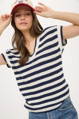 Stripe V-Neck Crochet Knit Short Sleeve Sweater