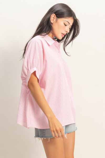 Striped Short Sleeve Button-front Blouse - Lulu Bella Boutique