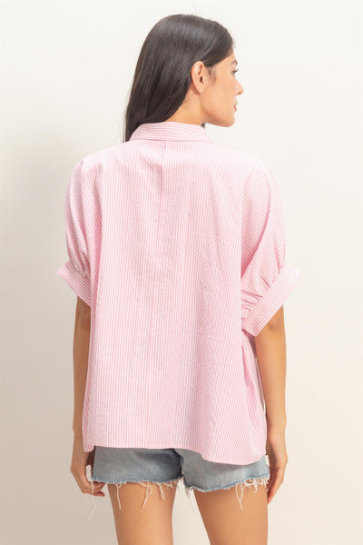 Striped Short Sleeve Button-front Blouse - Lulu Bella Boutique