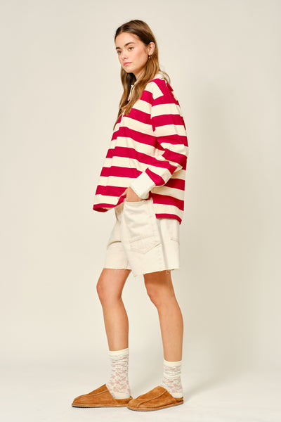 Striped Lace Detail Polo Sweatshirts - Lulu Bella Boutique