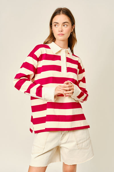 Striped Lace Detail Polo Sweatshirts - Lulu Bella Boutique