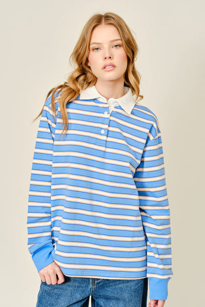 Striped Polo Style Half Button Top