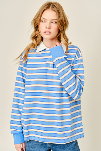 Striped Polo Style Half Button Top