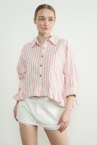 Stripe Ruffle Hem Crop Length Shirts
