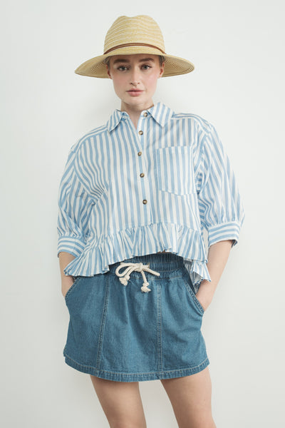 Stripe Ruffle Hem Crop Length Shirt - Lulu Bella Boutique