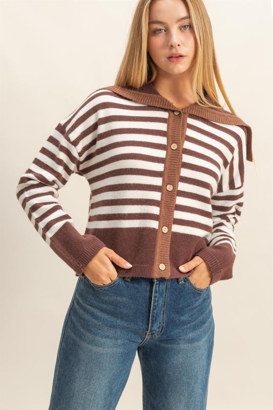 Striped Button-up Sailor Collar Sweater