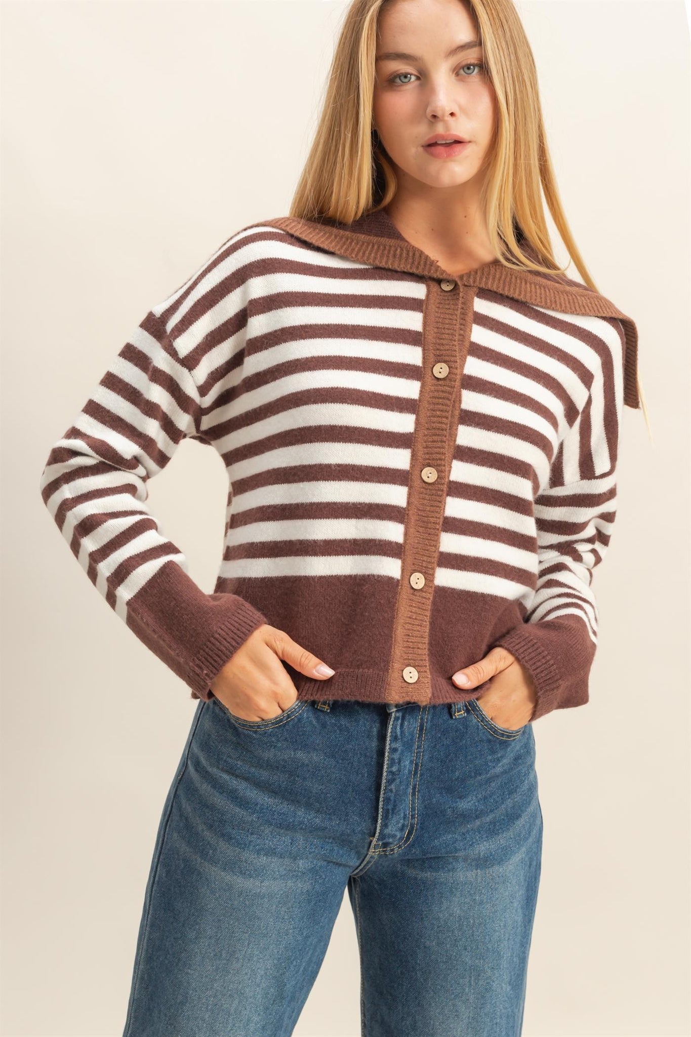 Striped Button-up Sailor Collar Sweater