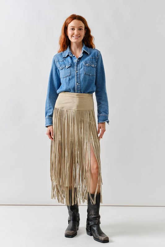 Suede Fringe Midi Skirt