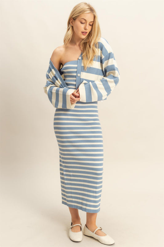 Striped Sweater Cardigan And Dress Set