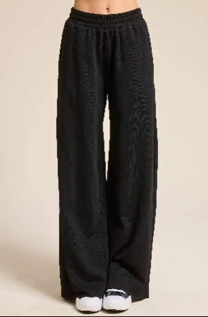 Striped Terry Oversized Long Sleeve Top with Wide Lounge Pants: Black - Lulu Bella Boutique