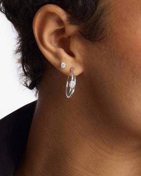 She's on Point Lasso Hoops 1" Silver|White Diamondettes