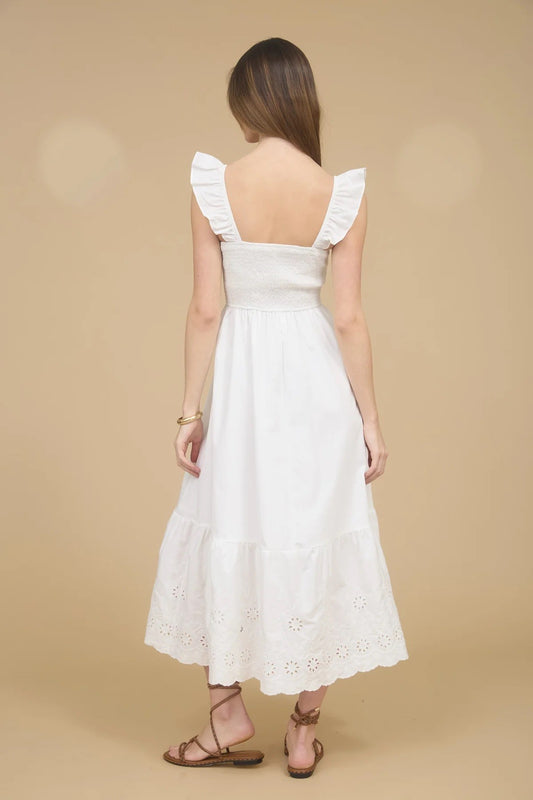 Smocked Ruffle Sleeve Eyelet Ruffle Hem Maxi Dress