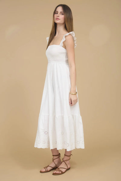 Smocked Ruffle Sleeve Eyelet Ruffle Hem Maxi Dress