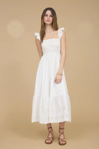 Smocked Ruffle Sleeve Eyelet Ruffle Hem Maxi Dress