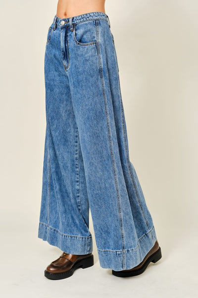 Soft Light Denim Wide Pants With Seam Detail - Lulu Bella Boutique