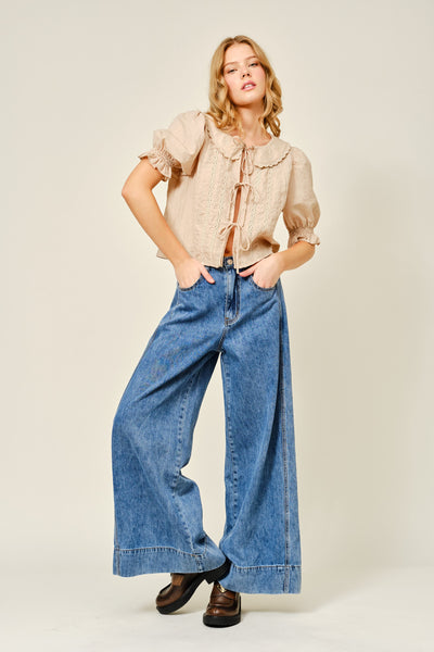 Soft Light Denim Wide Pants With Seam Detail - Lulu Bella Boutique