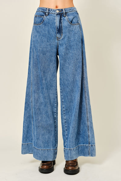 Soft Light Denim Wide Pants With Seam Detail - Lulu Bella Boutique