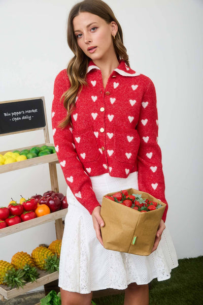 HEART PATTERN SCALLOP COLLAR BUTTON DOWN CARDIGAN: RED - Lulu Bella Boutique