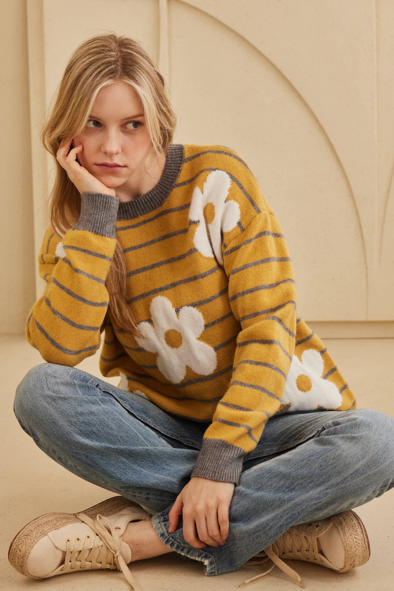 Daisy Patched Striped Sweater: Mustard / S