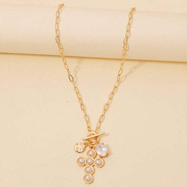 Studded Cross And Faceted Gem Pendant Toggle Chain Necklace: TQ - Lulu Bella Boutique