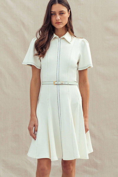 Contrast Stitch Zip Front Knit Mini Dress Belted: IVORY / S-M-L:2-2-2 - Lulu Bella Boutique