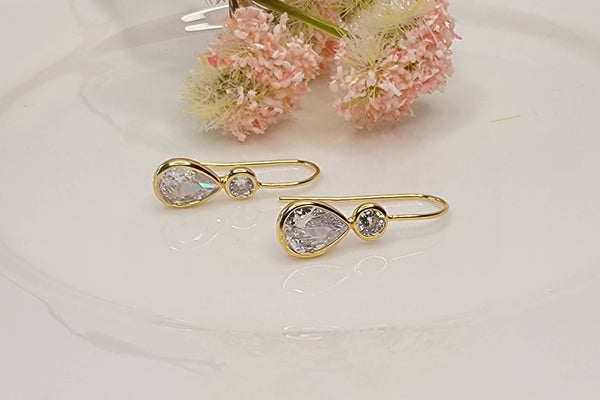 CUBIC ZIRCONIA FISH HOOK EARRINGS.: GOLD