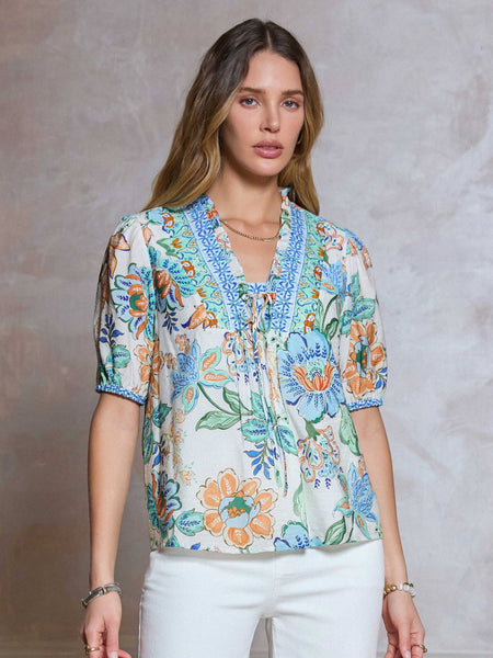 Floral Printed Short Sleeve Blouse: Blue Mlt / XS - Lulu Bella Boutique