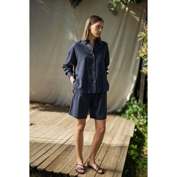LINEN DROP SHOULDER SHIRT: Navy / S-M-L(2-2-2) - Lulu Bella Boutique