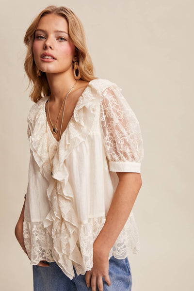 Lace Trim Ruffle Peplum Blouse LT1448: Cream / Contemporary / S - Lulu Bella Boutique
