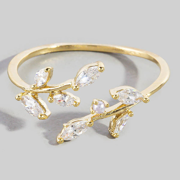 Gold Dipped Floral Spray Cz Open Ring