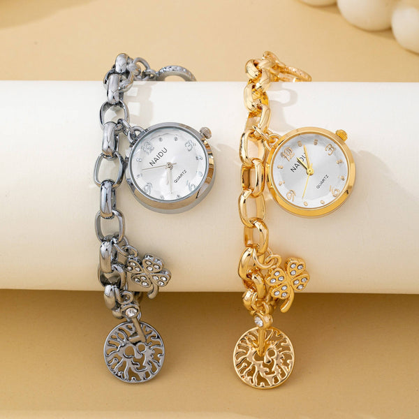 ROUND DIAL CHARM CLOVER HEART BRACELET WATCH | 80W016: Gold White - Lulu Bella Boutique