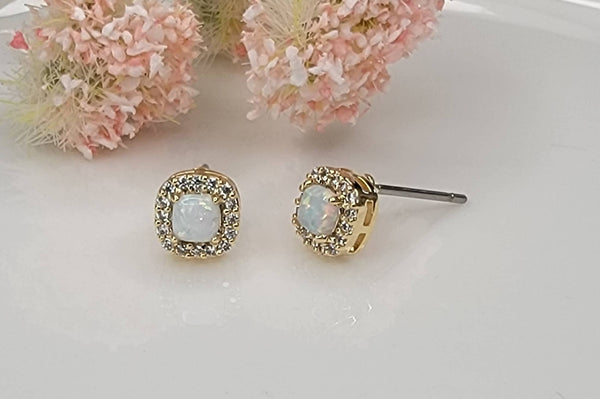 LAB GROWN OPAL STUD EARRINGS.: WHITE OPAL/GOLD / Small - Lulu Bella Boutique