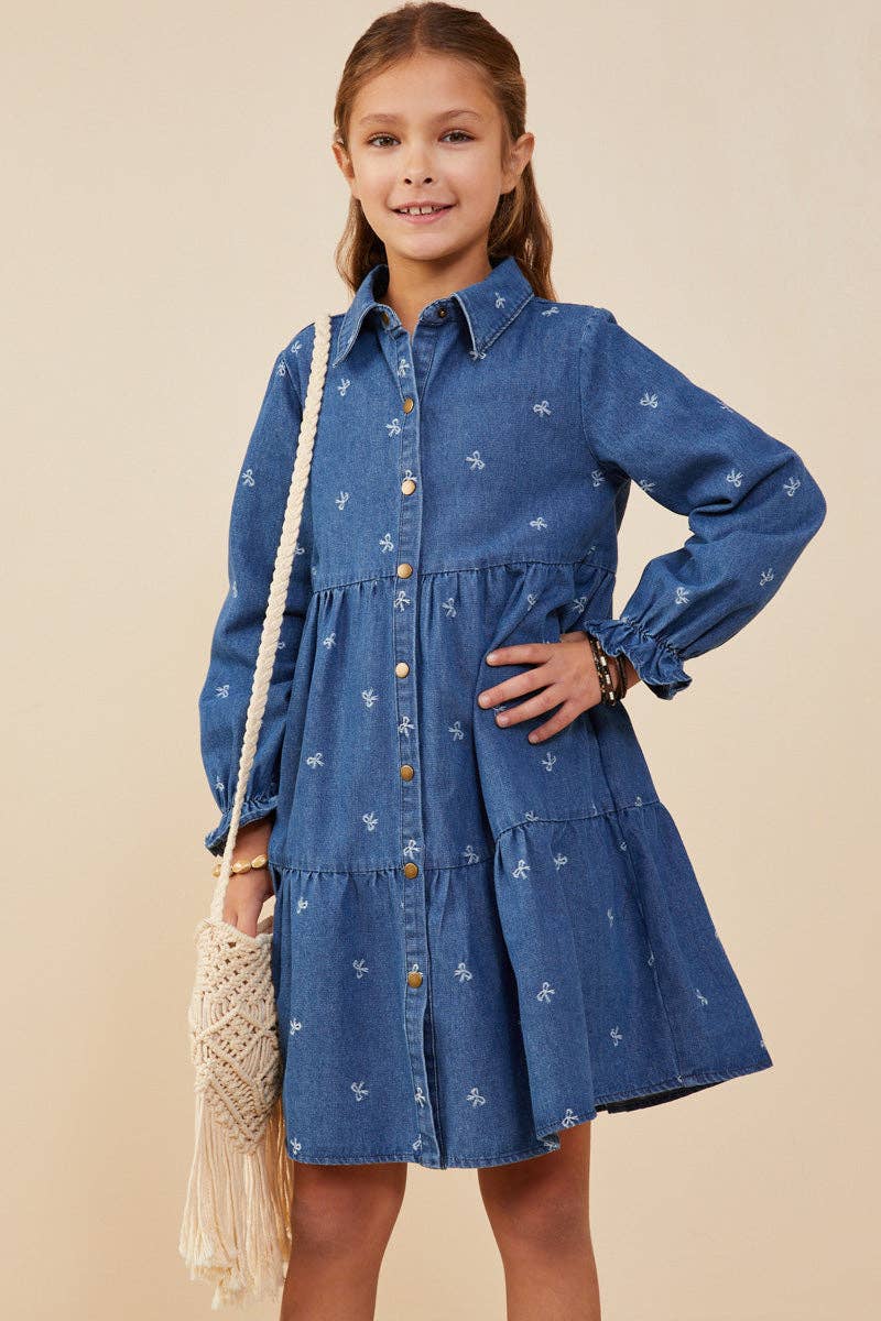 Girls Bow Printed Buttoned Denim Dress - Lulu Bella Boutique