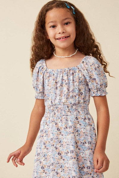 Girls Floral Print Smock Detail Puff Sleeve Mini Dress: Blue