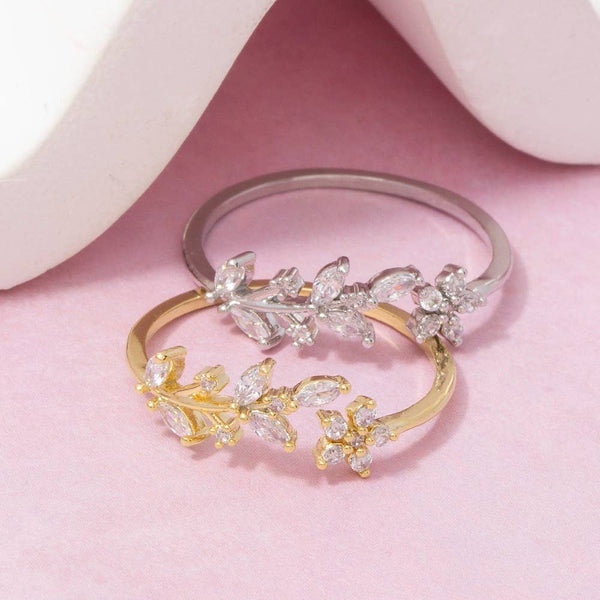 Delicate Rhinestone Leaf Open Ring: G - Lulu Bella Boutique